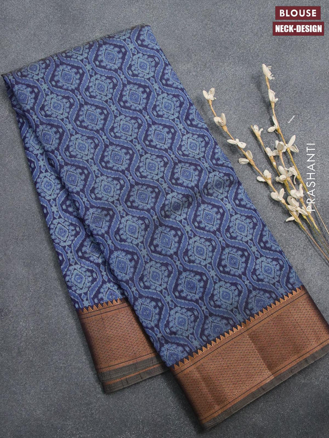 Semi tussar saree blue with allover prints and zari woven border - {{ collection.title }} by Prashanti Sarees