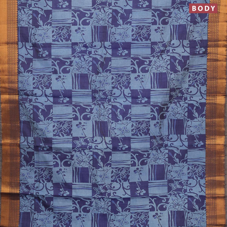 Semi tussar saree blue with allover prints and zari woven border - {{ collection.title }} by Prashanti Sarees