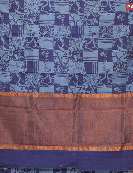 Semi tussar saree blue with allover prints and zari woven border - {{ collection.title }} by Prashanti Sarees