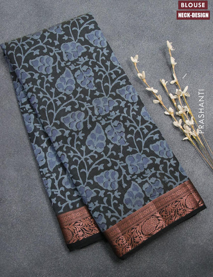 Semi tussar saree dark grey with allover prints and copper zari woven border - {{ collection.title }} by Prashanti Sarees