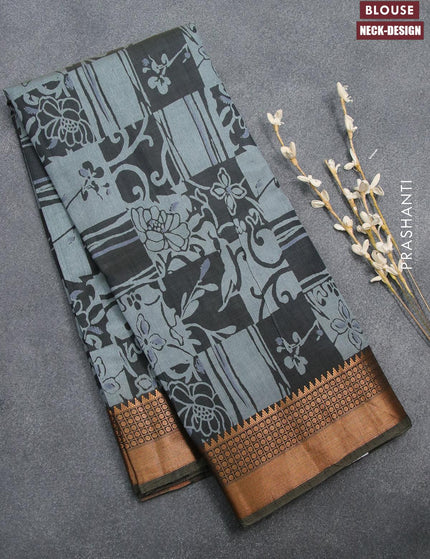 Semi tussar saree dark grey with allover prints and zari woven border - {{ collection.title }} by Prashanti Sarees