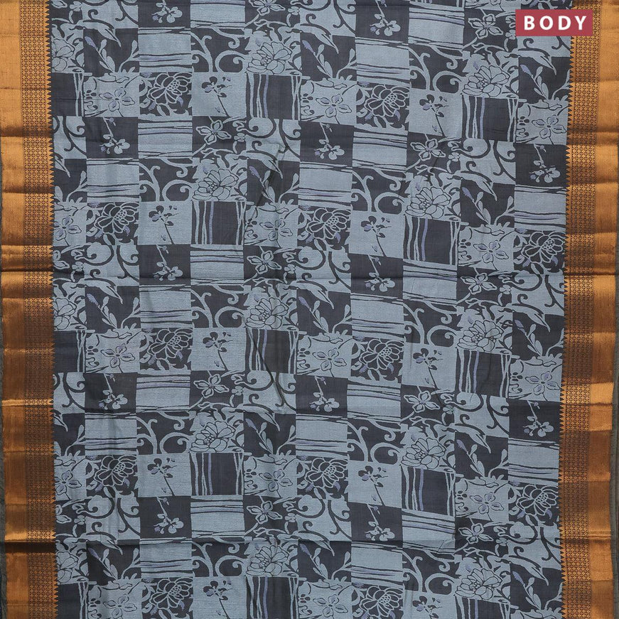 Semi tussar saree dark grey with allover prints and zari woven border - {{ collection.title }} by Prashanti Sarees