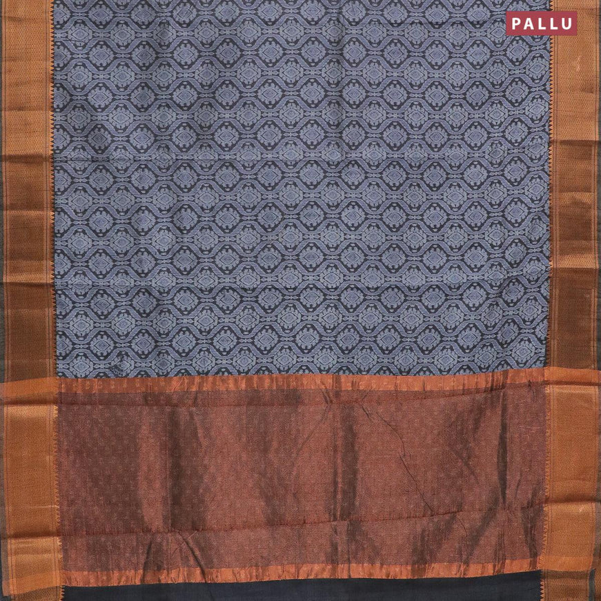 Semi tussar saree dark grey with allover prints and zari woven border - {{ collection.title }} by Prashanti Sarees