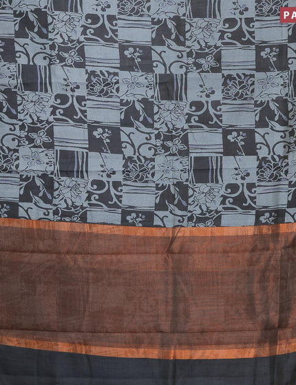 Semi tussar saree dark grey with allover prints and zari woven border - {{ collection.title }} by Prashanti Sarees