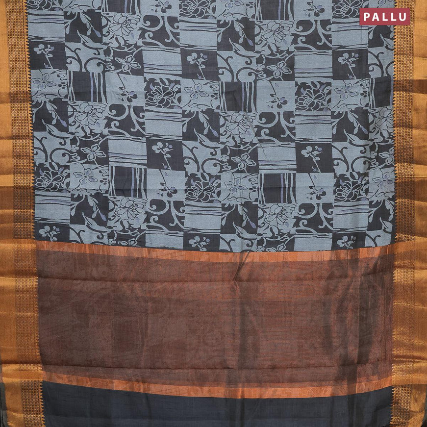 Semi tussar saree dark grey with allover prints and zari woven border - {{ collection.title }} by Prashanti Sarees