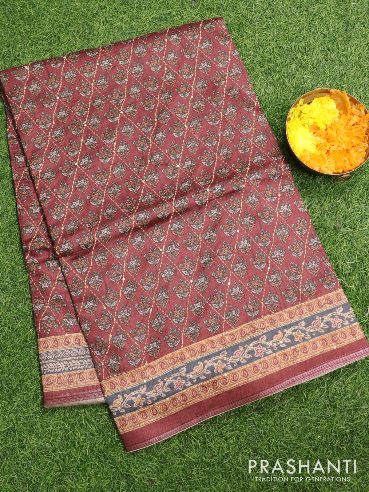 Kantha Stitch Hand Embroidered Tussar Silk Dupatta - MithilanchalGroup