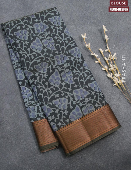 Semi tussar saree elephant grey with allover prints and zari woven border - {{ collection.title }} by Prashanti Sarees