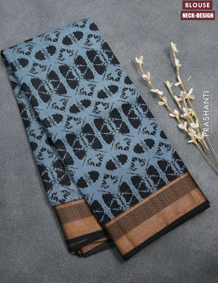 Semi tussar saree grey and black with allover prints and zari woven border - {{ collection.title }} by Prashanti Sarees