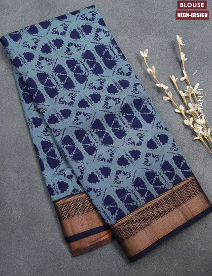 Semi tussar saree grey and blue with allover prints and zari woven border - {{ collection.title }} by Prashanti Sarees