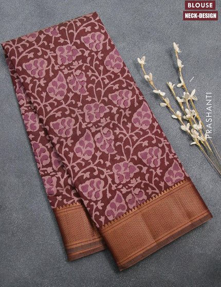 Semi tussar saree maroon shade with allover prints and zari woven border - {{ collection.title }} by Prashanti Sarees