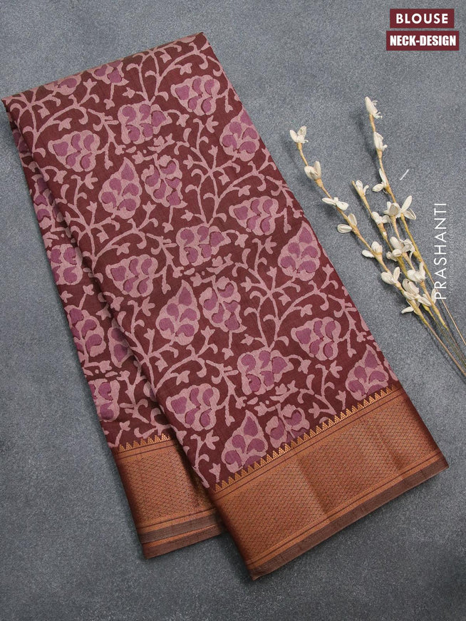 Semi tussar saree maroon shade with allover prints and zari woven border - {{ collection.title }} by Prashanti Sarees