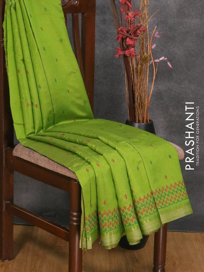 Semi tussar saree mehendi green with embroidery work and simple border - {{ collection.title }} by Prashanti Sarees