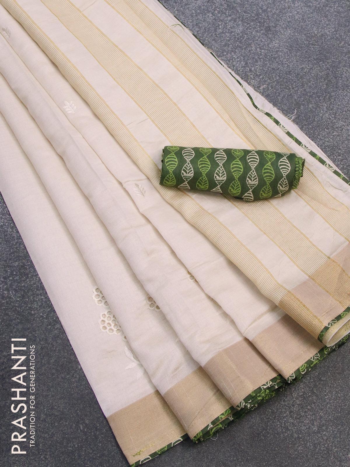 Kerala off-white with zari border semi tissue handwoven and hand painted  mural designed saree