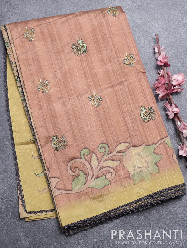 Semi tussar saree pastel peach and elaichi green with embroidery work and printed border - {{ collection.title }} by Prashanti Sarees