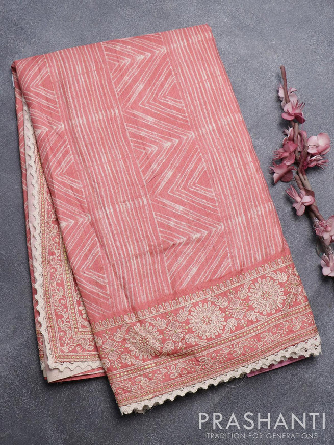 Semi tussar saree peach with allover kalamkari prints and embroidery work border - {{ collection.title }} by Prashanti Sarees