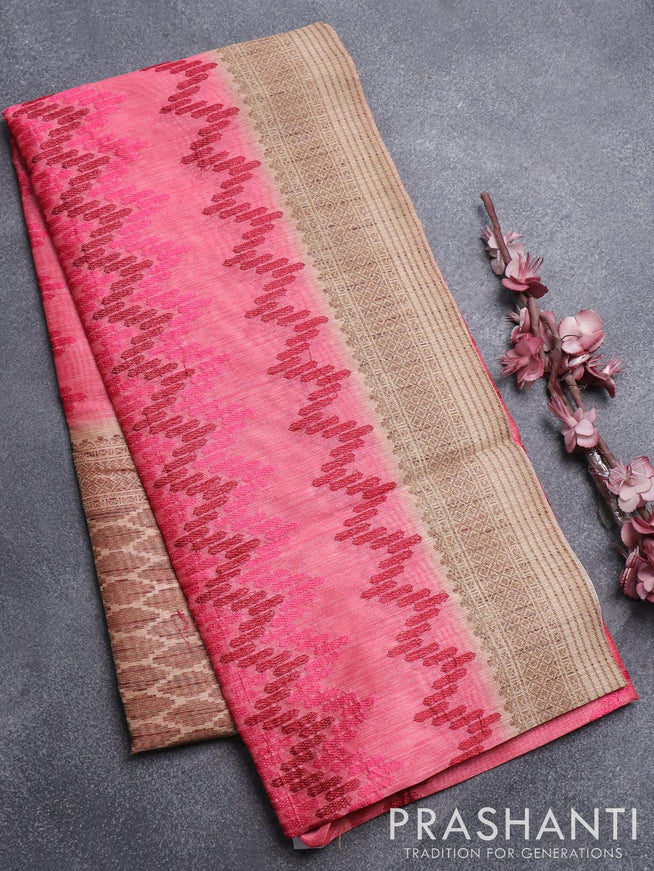 Semi tussar saree pink and beige with allover embroidery work and printed border - {{ collection.title }} by Prashanti Sarees