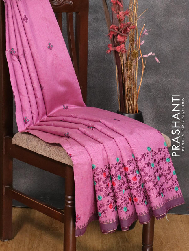 Semi tussar saree purple with embroidery work and simple border - {{ collection.title }} by Prashanti Sarees