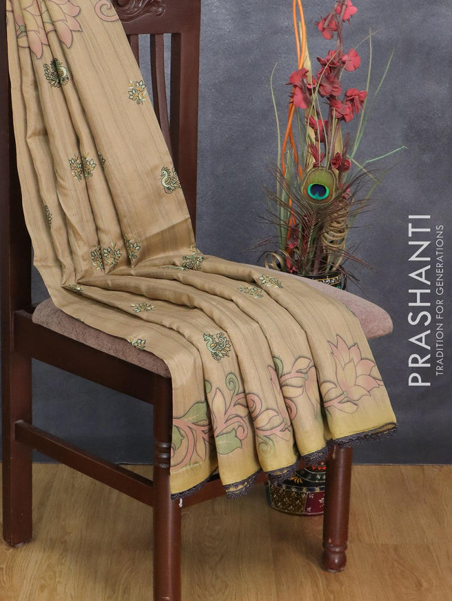 Semi tussar saree sandal and elaichi green with embroidery work and printed border - {{ collection.title }} by Prashanti Sarees