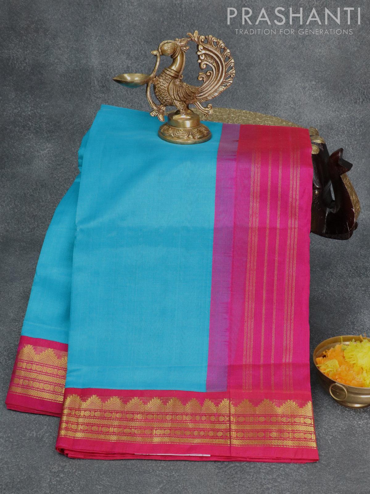 Green Color Plain Silk Cotton Saree with Zari Border and Contrast Line  Pallu and Contrast Blouse