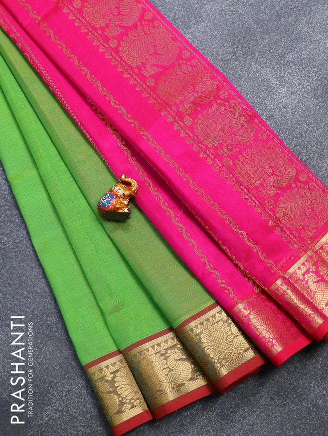 Silk cotton saree light green and pink with plain body and annam zari woven border - {{ collection.title }} by Prashanti Sarees