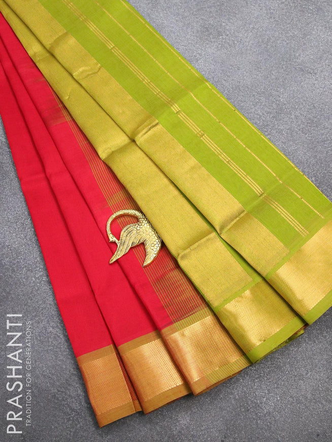 Silk cotton saree red and light green with plain body and zari woven border - {{ collection.title }} by Prashanti Sarees