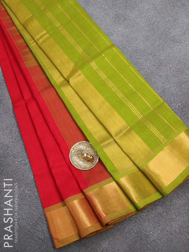 Silk cotton saree red and light green with plain body and zari woven border - {{ collection.title }} by Prashanti Sarees