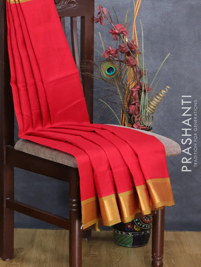 Silk cotton saree red and light green with plain body and zari woven border - {{ collection.title }} by Prashanti Sarees