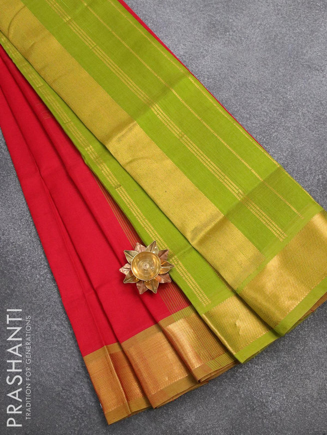 Silk cotton saree red and mehendi green with plain body and zari woven border - {{ collection.title }} by Prashanti Sarees