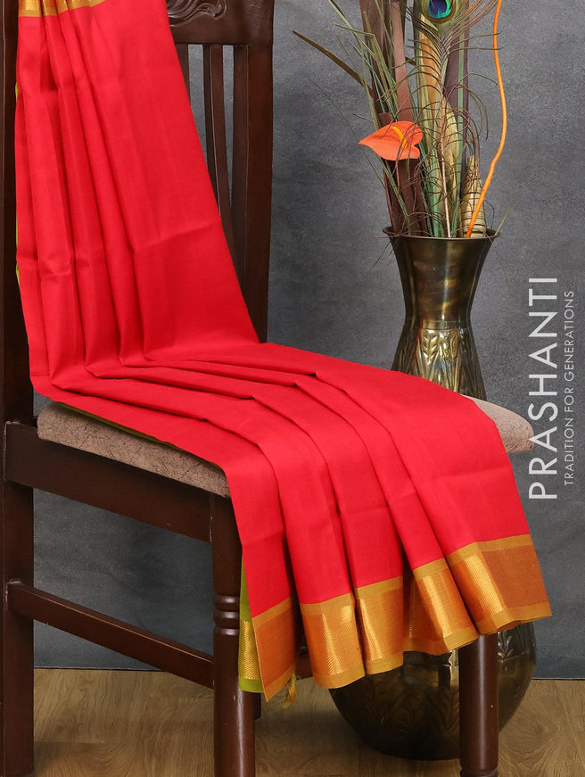 Silk cotton saree red and mehendi green with plain body and zari woven border - {{ collection.title }} by Prashanti Sarees