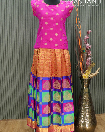 Silk kids lehenga magenta pink and multi colour with brocade zari weaves and zari woven border for 15 years - {{ collection.title }} by Prashanti Sarees