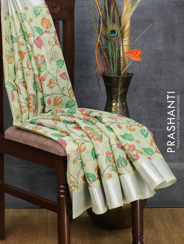 Tissue linen saree pista green with allover kalamkari prints and silver zari woven border - {{ collection.title }} by Prashanti Sarees