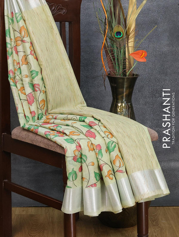 Tissue linen saree pista green with allover kalamkari prints and silver zari woven border - {{ collection.title }} by Prashanti Sarees